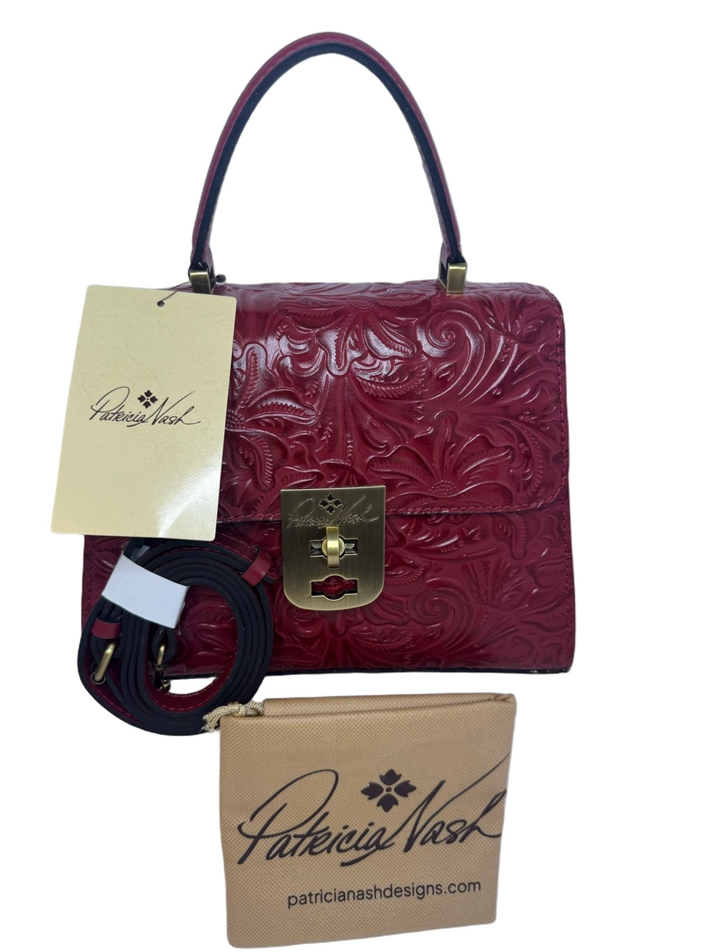 Patricia Nash NWT Chauny Red Floral Burnished Tooled Leather Two-Way Bag